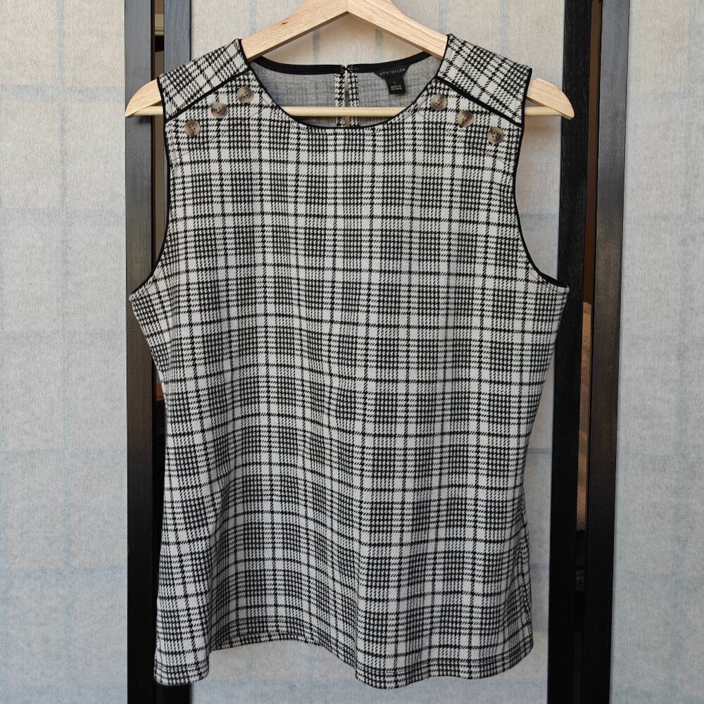 Ann Taylor Plaid Sleeveless Top Black White Large Business Casual